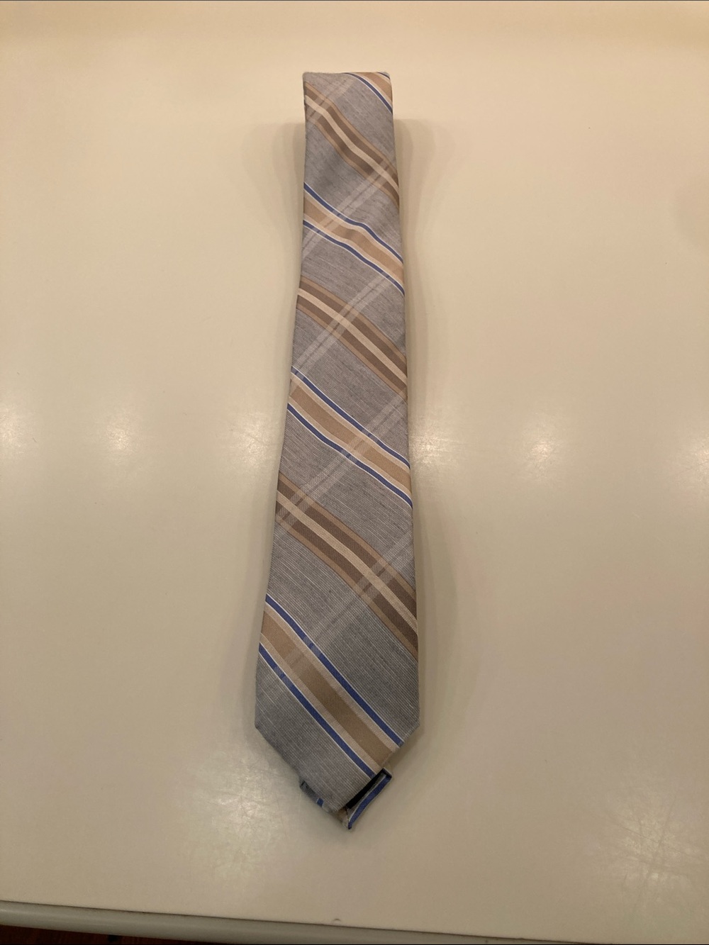 Ben Sherman Light Gray Tie with Tan, Brown and Blue Stripes